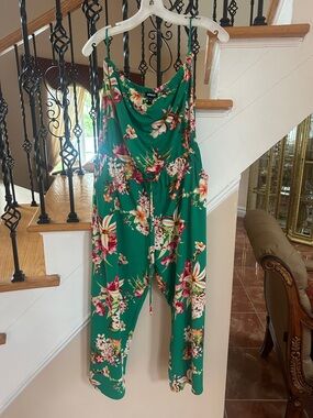 Express Green Floral Spaghetti-Strap Jumpsuit